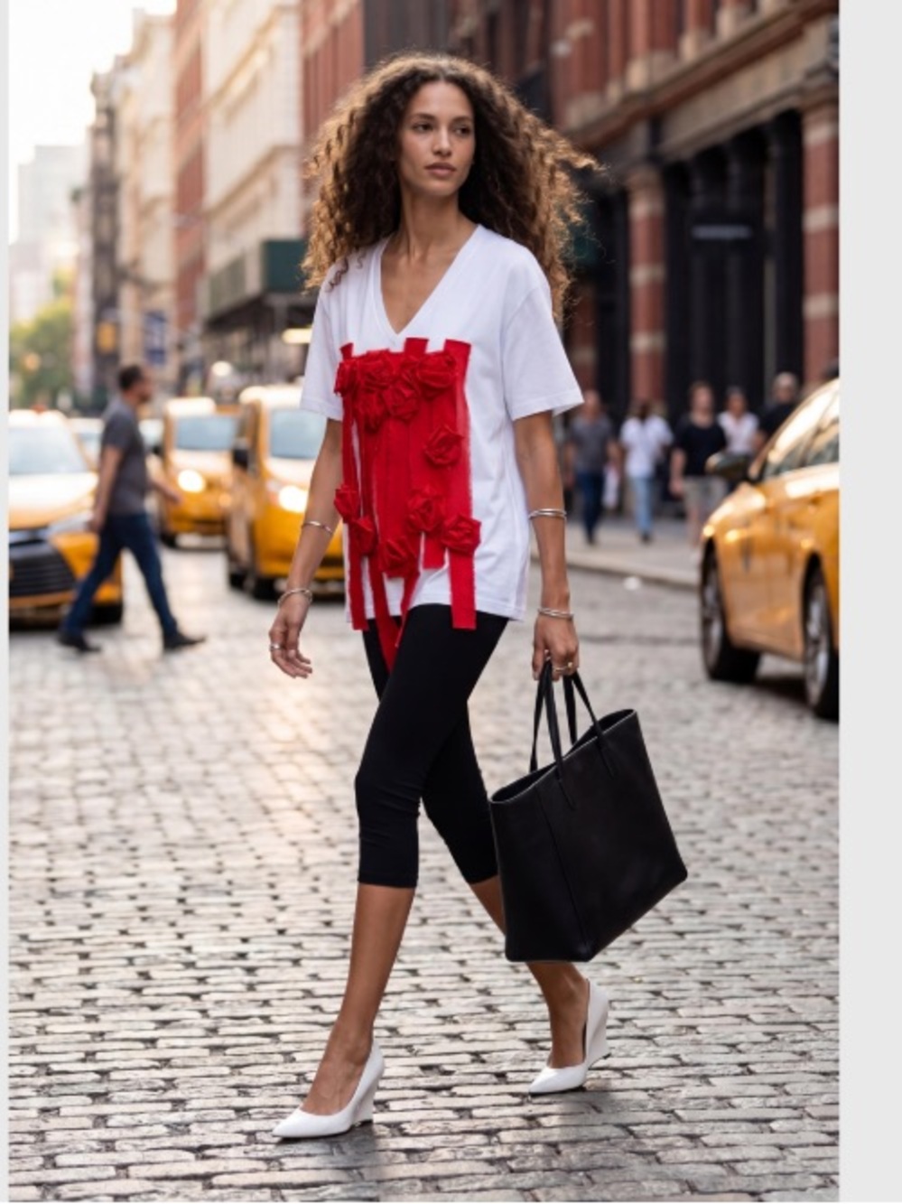 Hand Crafted White V-Neck Top with Red Fabric Rosettes
